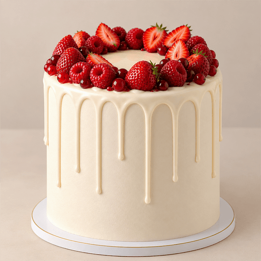 Elegant cake, covered and dripped with white chocolate ganache, with fresh berries on top in Miami - Better Cakes Miami