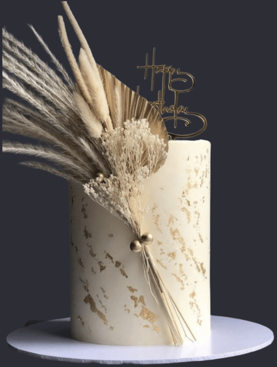 Boho Tall Cake Miami – Gold Leaf & Dried Florals - Better Cakes Miami